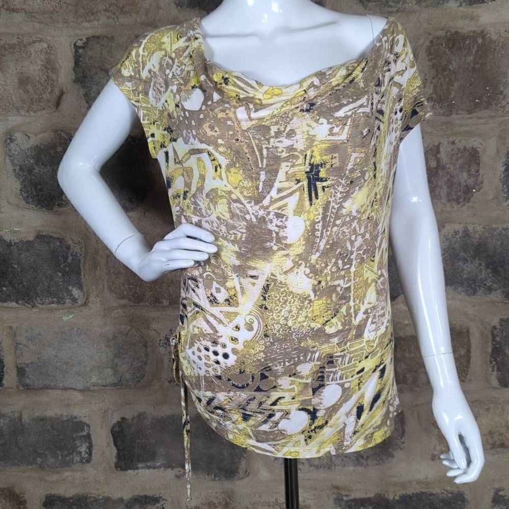 Soft works Petites Top Woman's Size Large Patterned Tie Side Neutral Cowl Neck